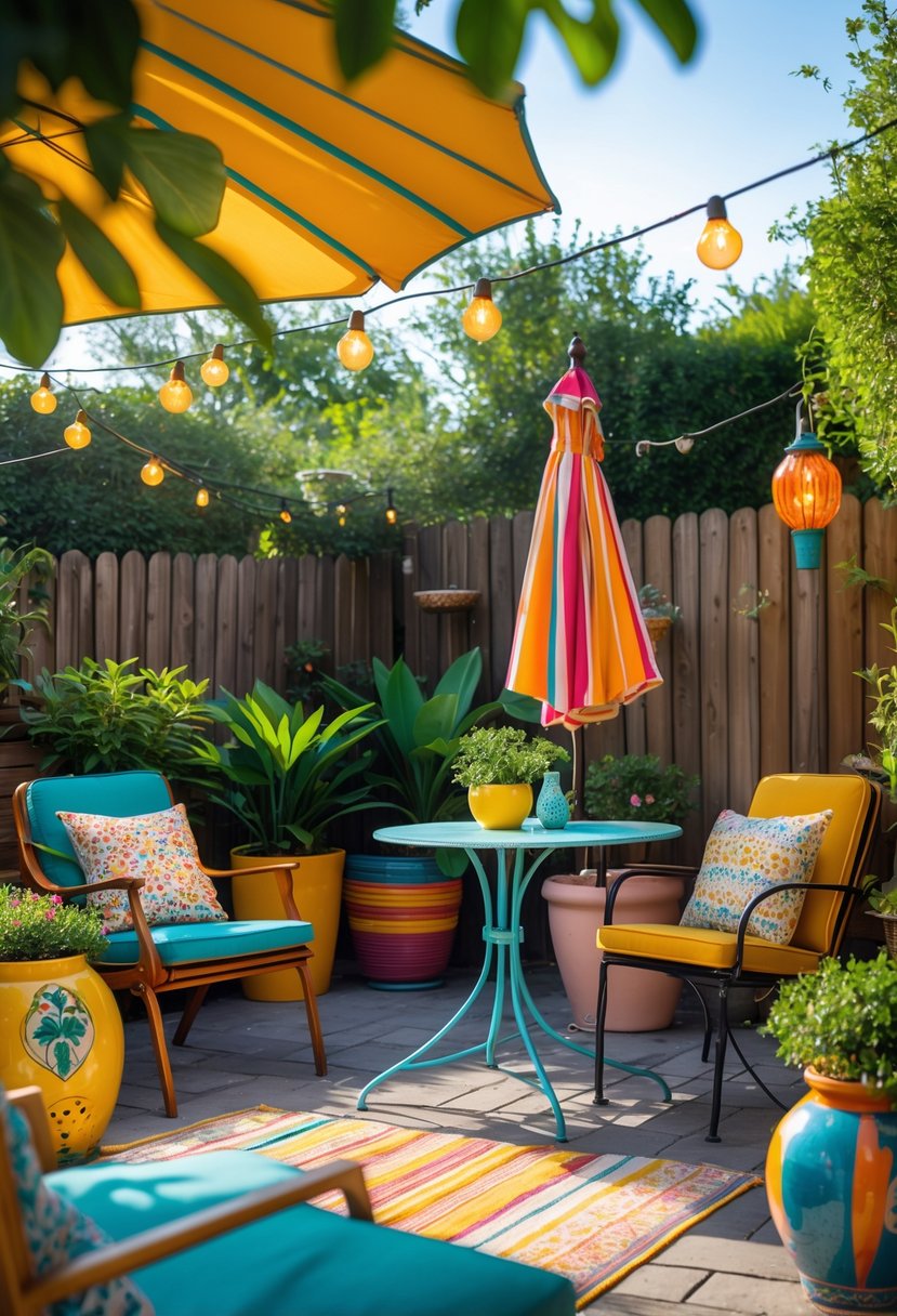 Outdoor patio with colorful vintage furniture, plants, and string lights in a sunny garden setting.