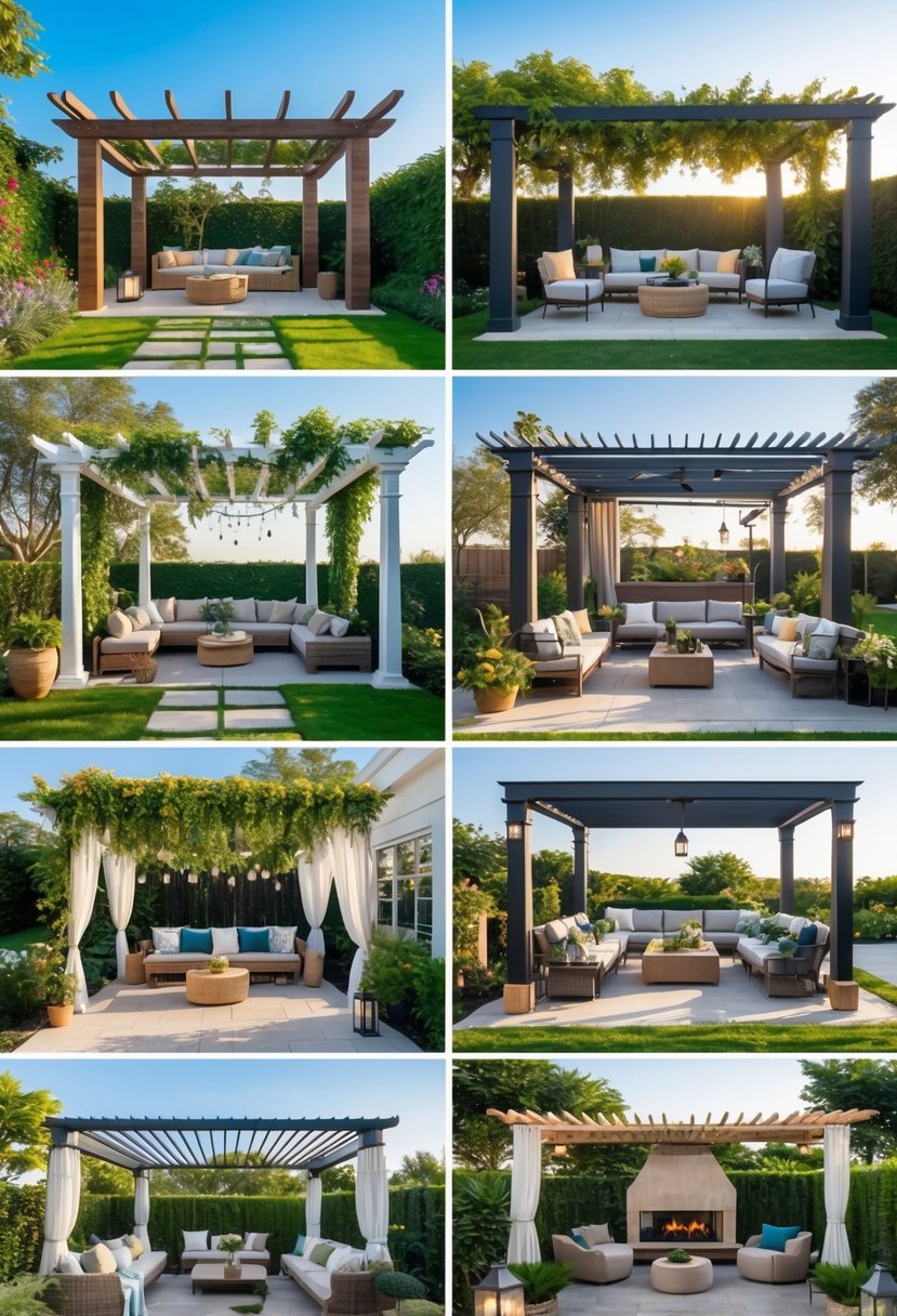Outdoor garden scene displaying ten different pergola patios with various furniture and plants.