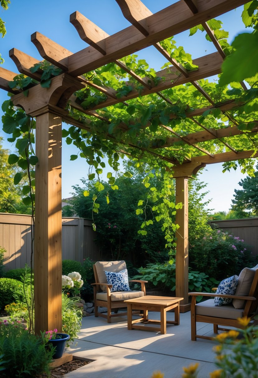 A wooden pergola covered with climbing vines providing shade over an outdoor seating area in a garden patio.