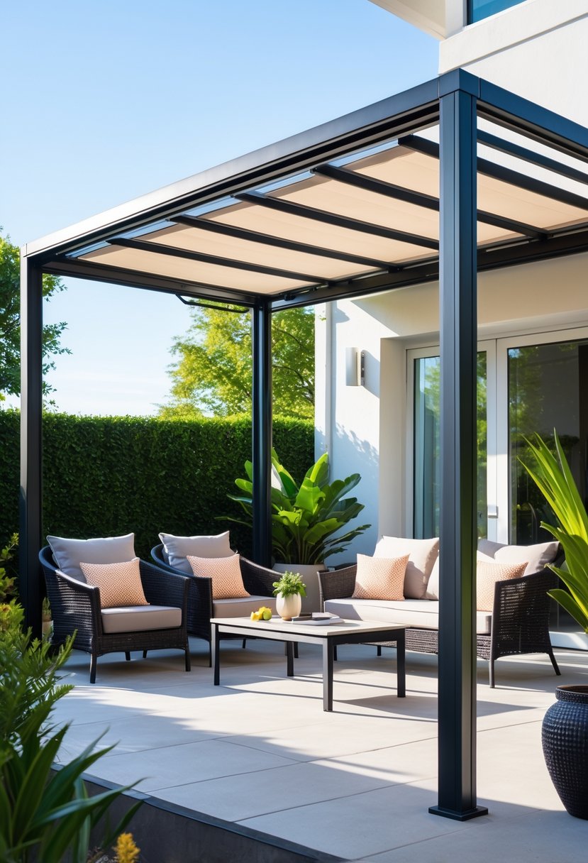 Outdoor patio with a metal-framed pergola and retractable canopy over seating area surrounded by plants.