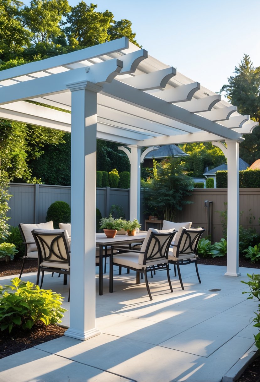 A backyard patio with a white vinyl pergola over outdoor furniture surrounded by plants and greenery.