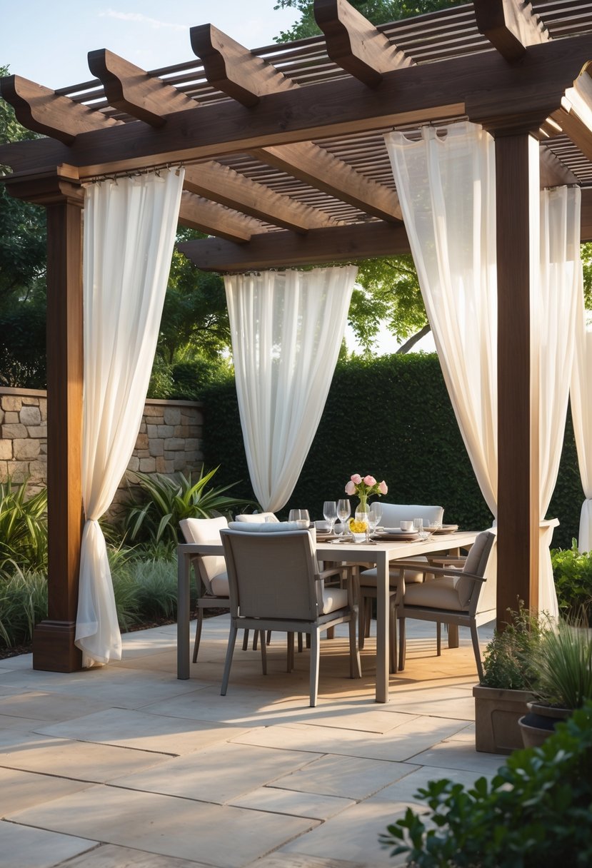 Outdoor patio dining area under a wooden pergola with white privacy curtains and a set dining table surrounded by plants.
