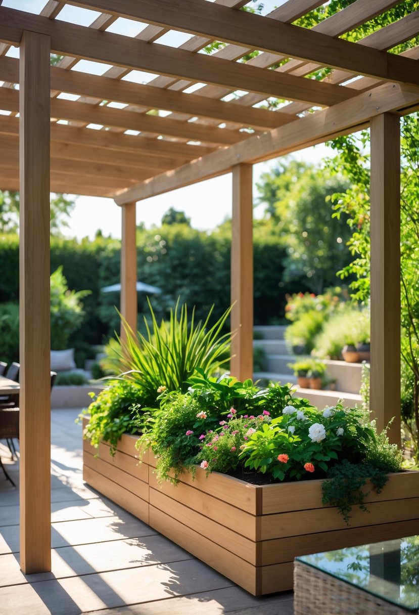 An outdoor pergola with built-in planter boxes filled with green plants on a patio with outdoor furniture.