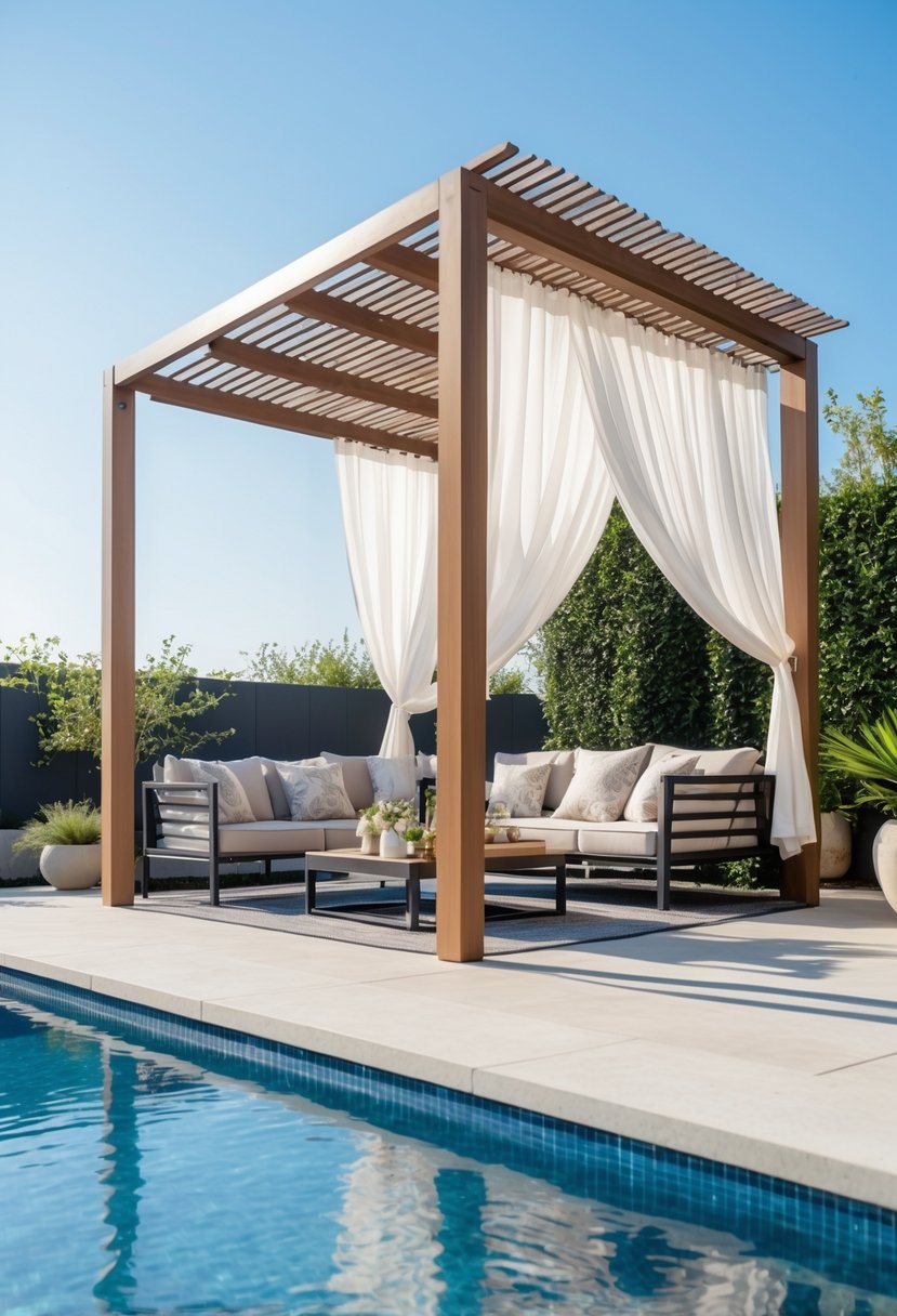 A freestanding wooden pergola next to a swimming pool with outdoor lounge furniture and plants on a stone patio.