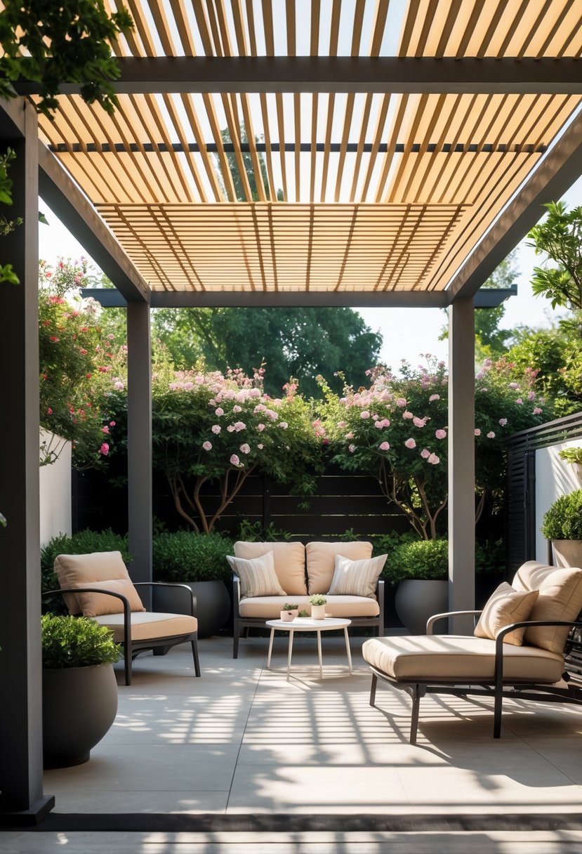 Outdoor patio with a pergola featuring a slatted roof casting shadows, surrounded by plants and outdoor furniture.