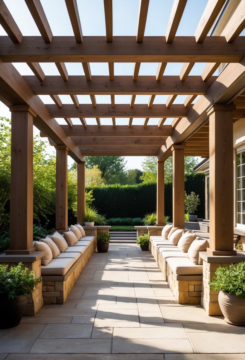 Outdoor pergola with built-in benches and cushions on a stone patio surrounded by plants.