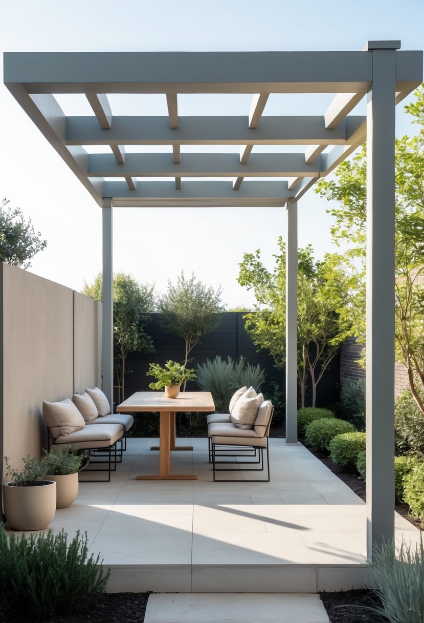 A modern pergola patio with clean lines, neutral-colored furniture, and surrounding plants under a clear sky.
