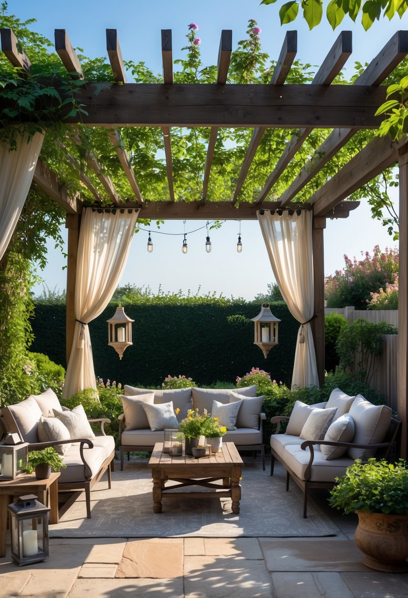 A wooden pergola patio with comfortable seating, plants, and soft lighting in a garden setting.