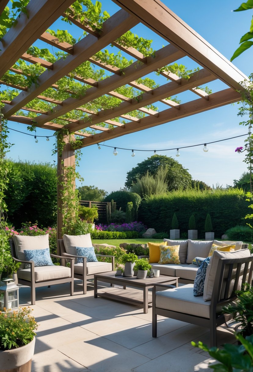 An outdoor patio with a wooden pergola, cushioned seating, plants, and garden greenery under a clear sky.