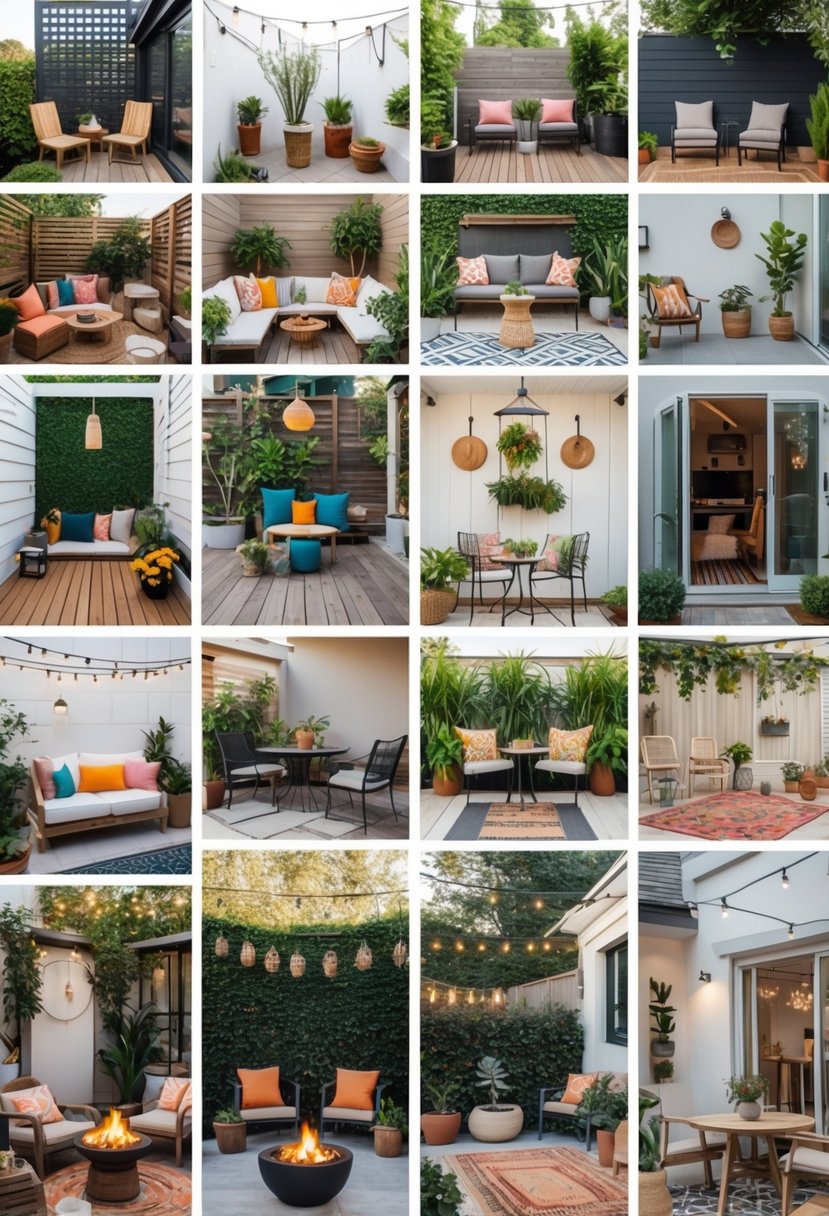 A collage showing twelve different small patio designs with seating, plants, lighting, and decorative elements.
