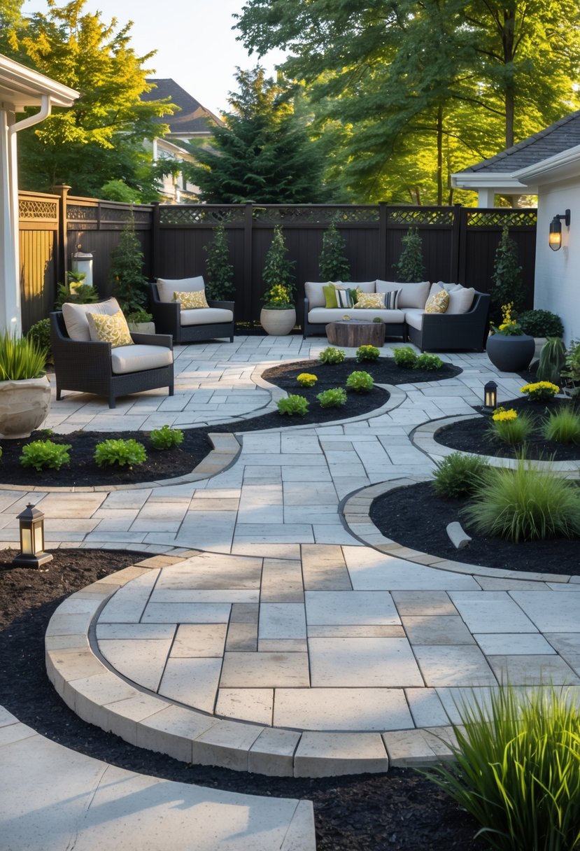 Concrete paver patio with branching pathways surrounded by plants and outdoor seating areas.