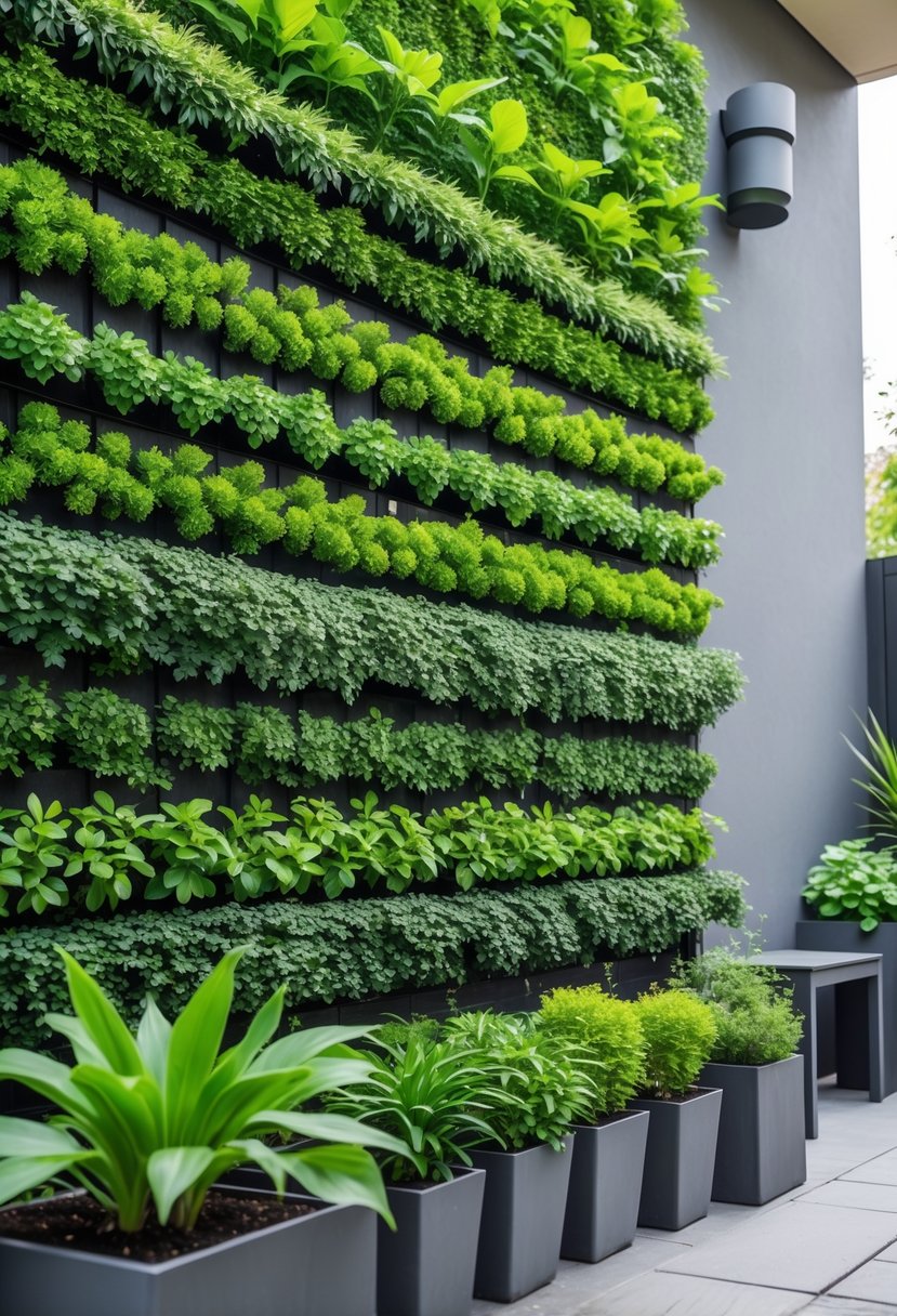 A vertical garden wall with lush green plants surrounded by twelve small patio setups featuring plants, seating, and decorative elements.