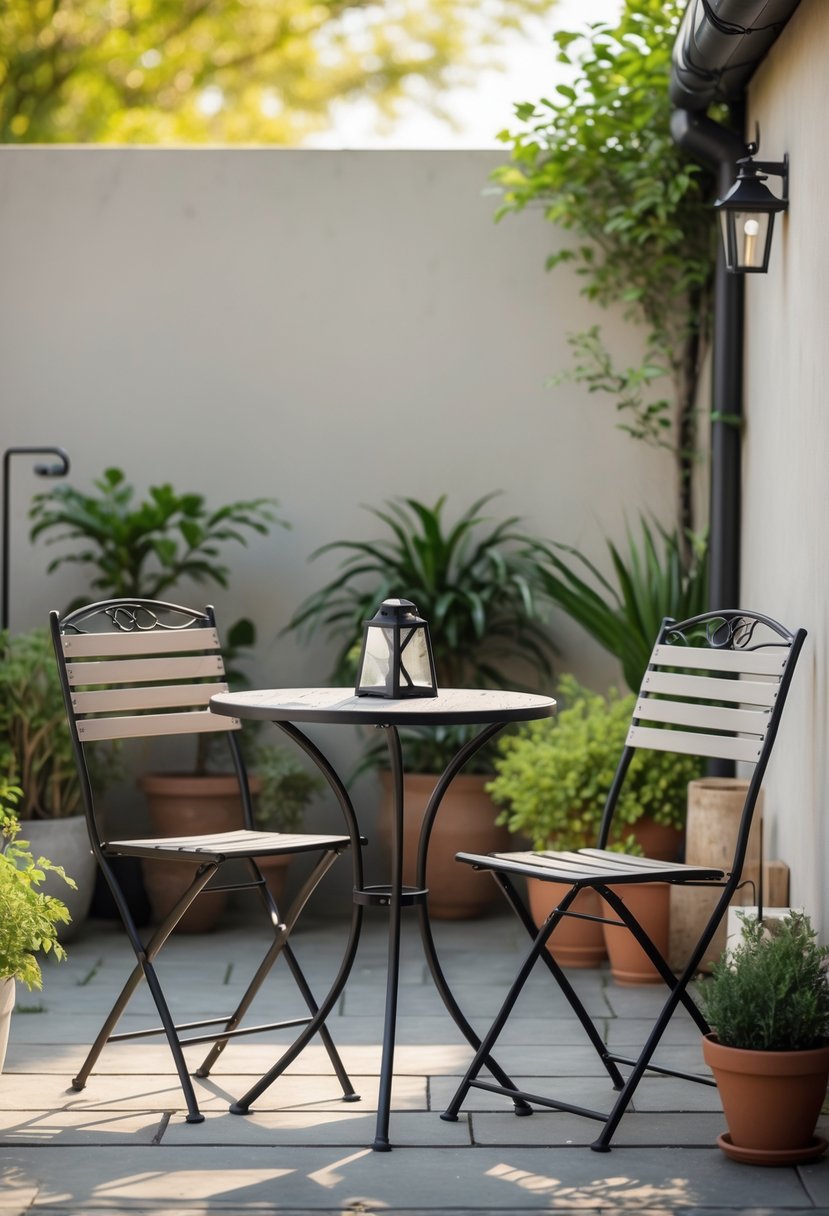 A small outdoor patio with a round bistro table and two chairs surrounded by plants and natural light.
