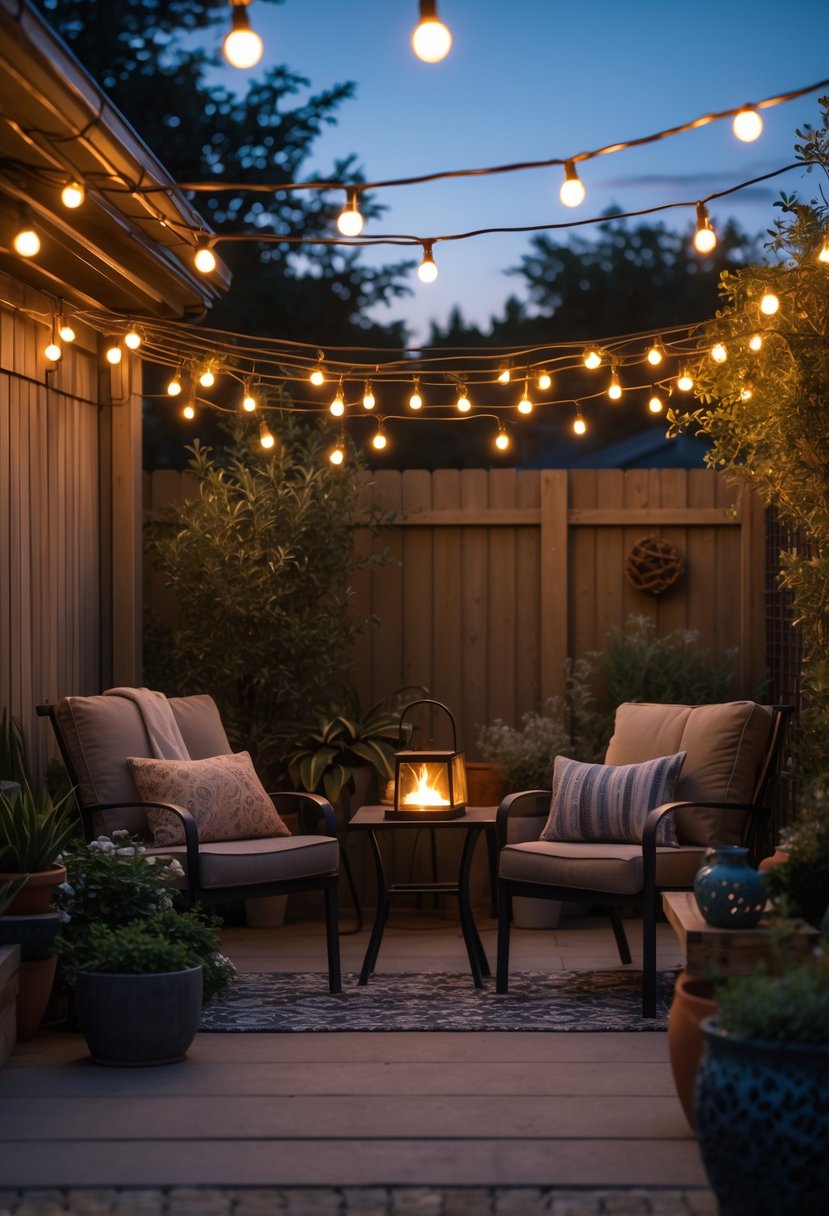 A small outdoor patio with chairs, a table, plants, and warm string lights glowing at dusk.