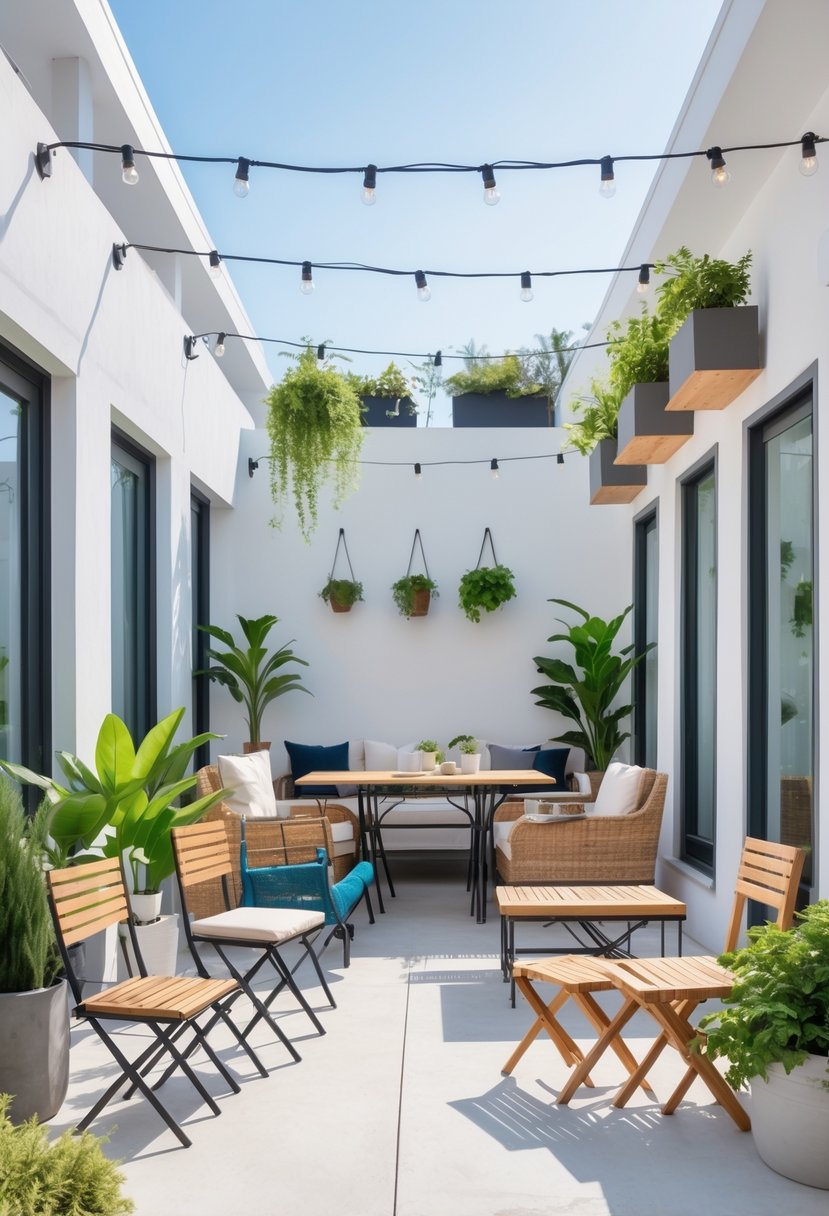 A small patio with twelve different folding furniture pieces arranged to show how they save space, surrounded by plants and outdoor decorations.
