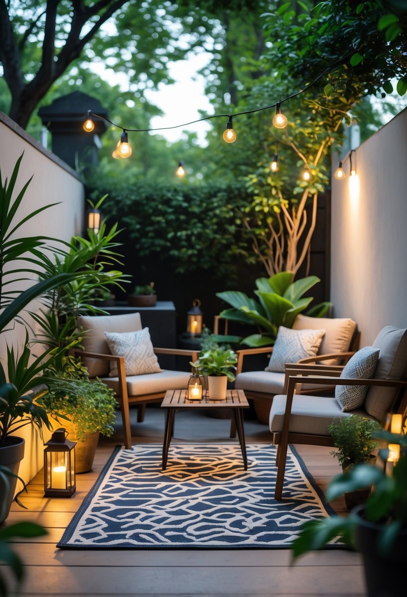 A small outdoor patio area with a patterned rug, cushioned chairs, a coffee table, and surrounding plants.