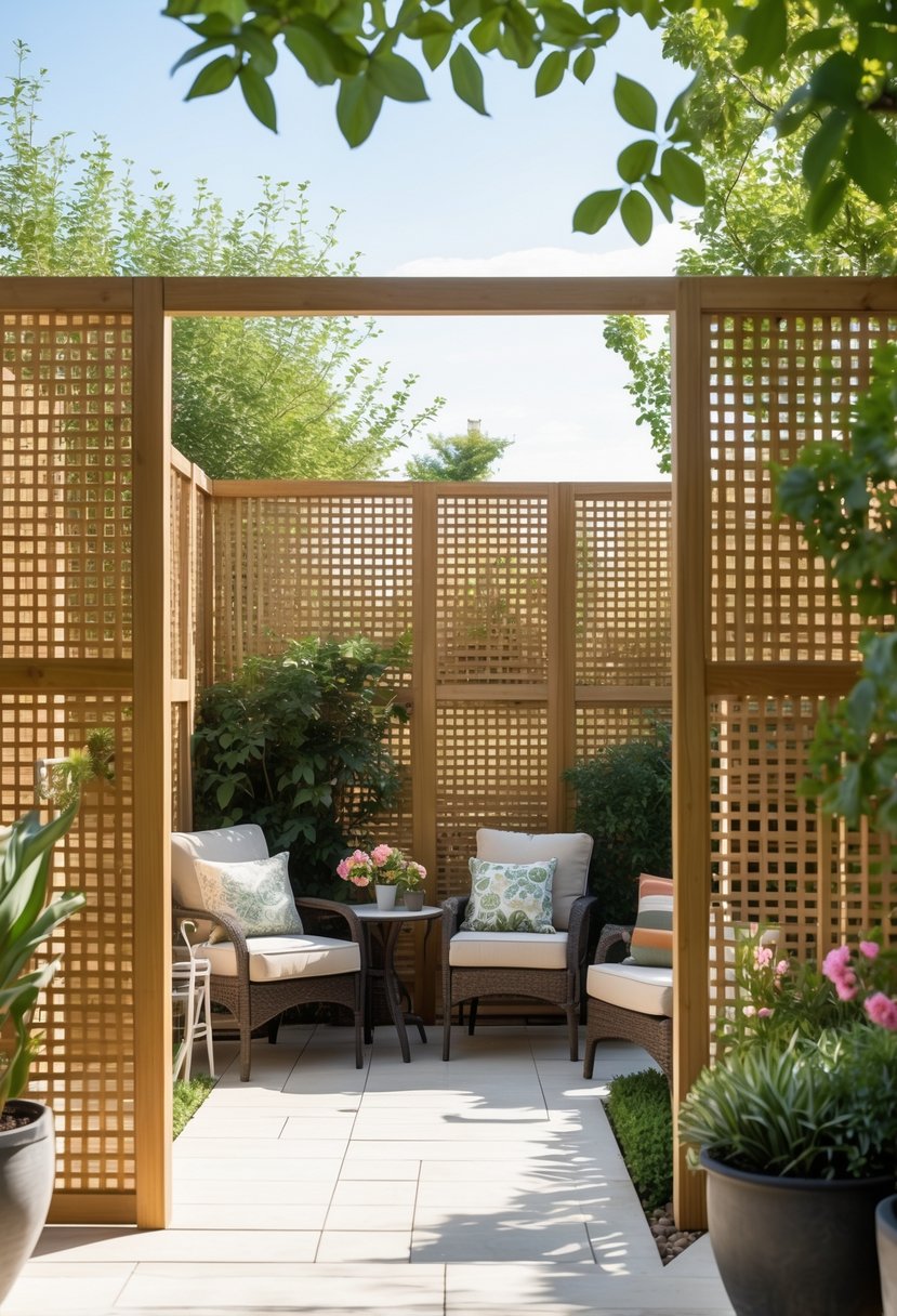 A small patio with wooden lattice privacy screens, outdoor seating, and plants creating a private and inviting space.