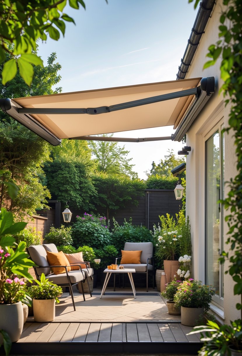 Small patio with a retractable awning providing shade over a seating area surrounded by plants and flowers.
