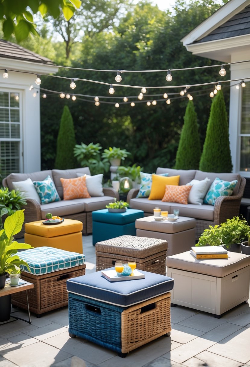 Outdoor patio with twelve small storage ottomans arranged around seating, plants, and outdoor decorations.
