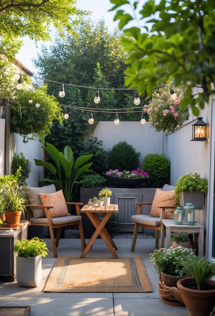 A small outdoor patio with a wooden table, two chairs, potted plants, string lights, and decorative cushions surrounded by greenery.