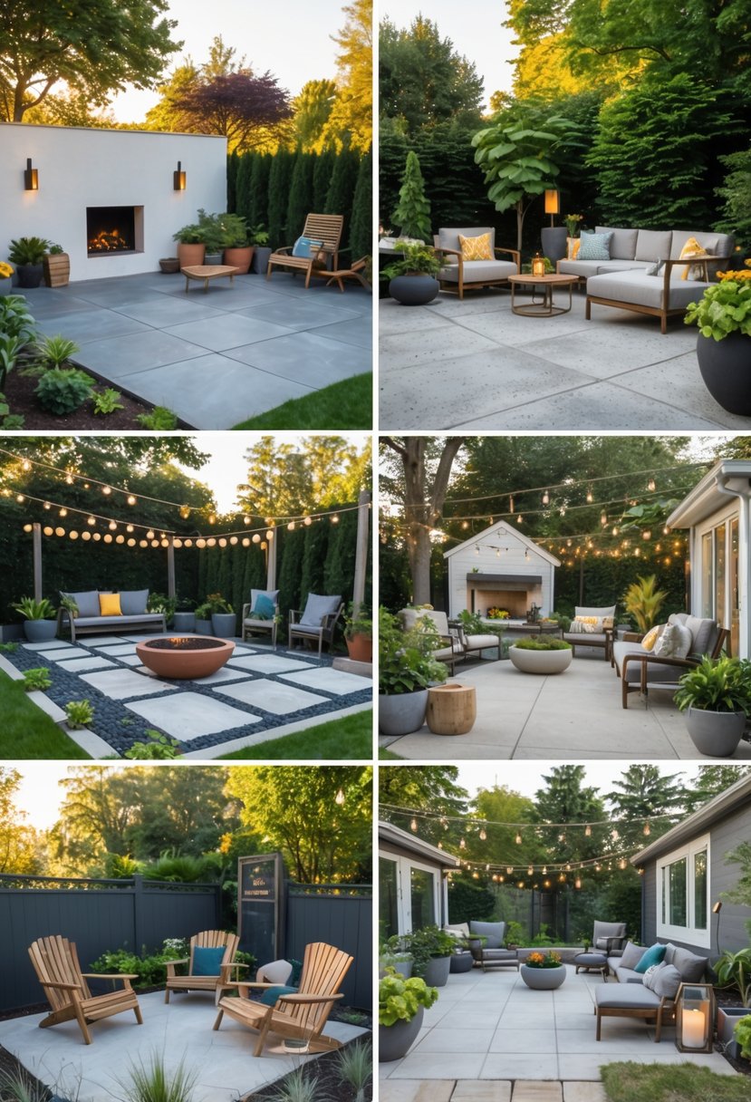 Outdoor scene showing fourteen different concrete patio designs with furniture, plants, and decorative elements in a garden setting.