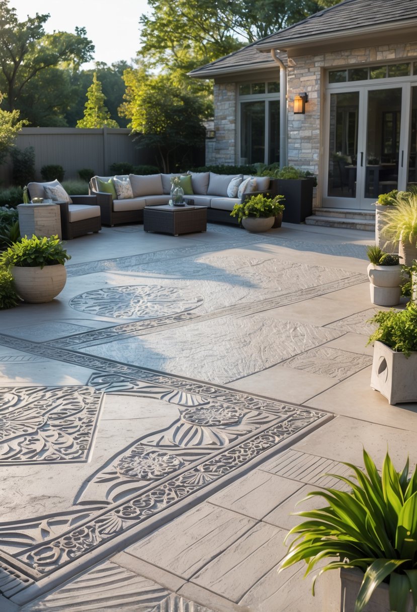 An outdoor concrete patio with detailed patterned surface surrounded by plants and outdoor furniture.