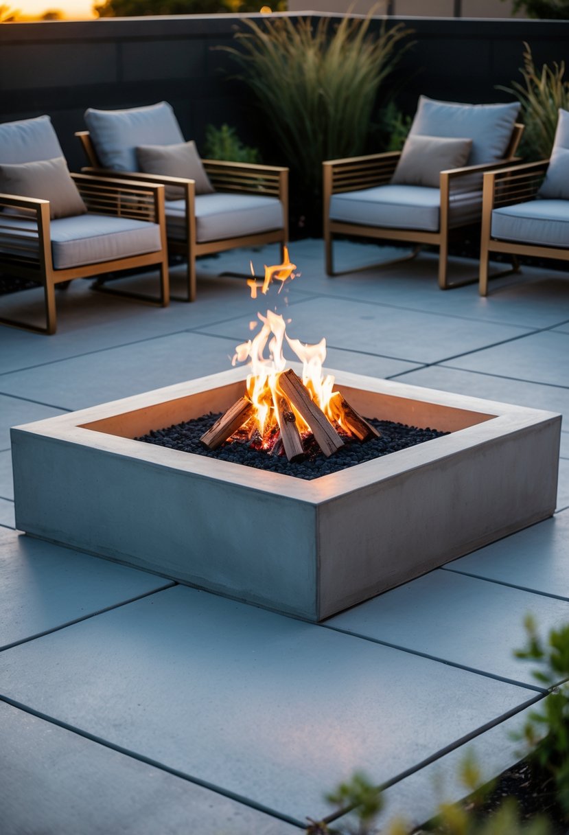 Outdoor concrete patio with a built-in fire pit surrounded by seating and plants.
