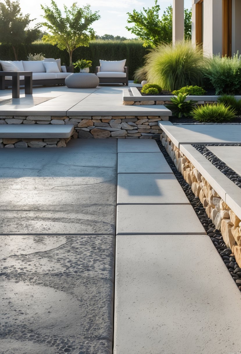 Outdoor patio with textured concrete flooring and natural stone accents surrounded by plants and outdoor furniture.