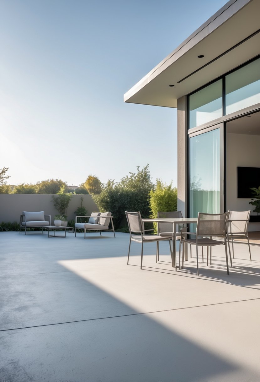 Outdoor patio with smooth concrete floor and metal chairs and table under natural light.