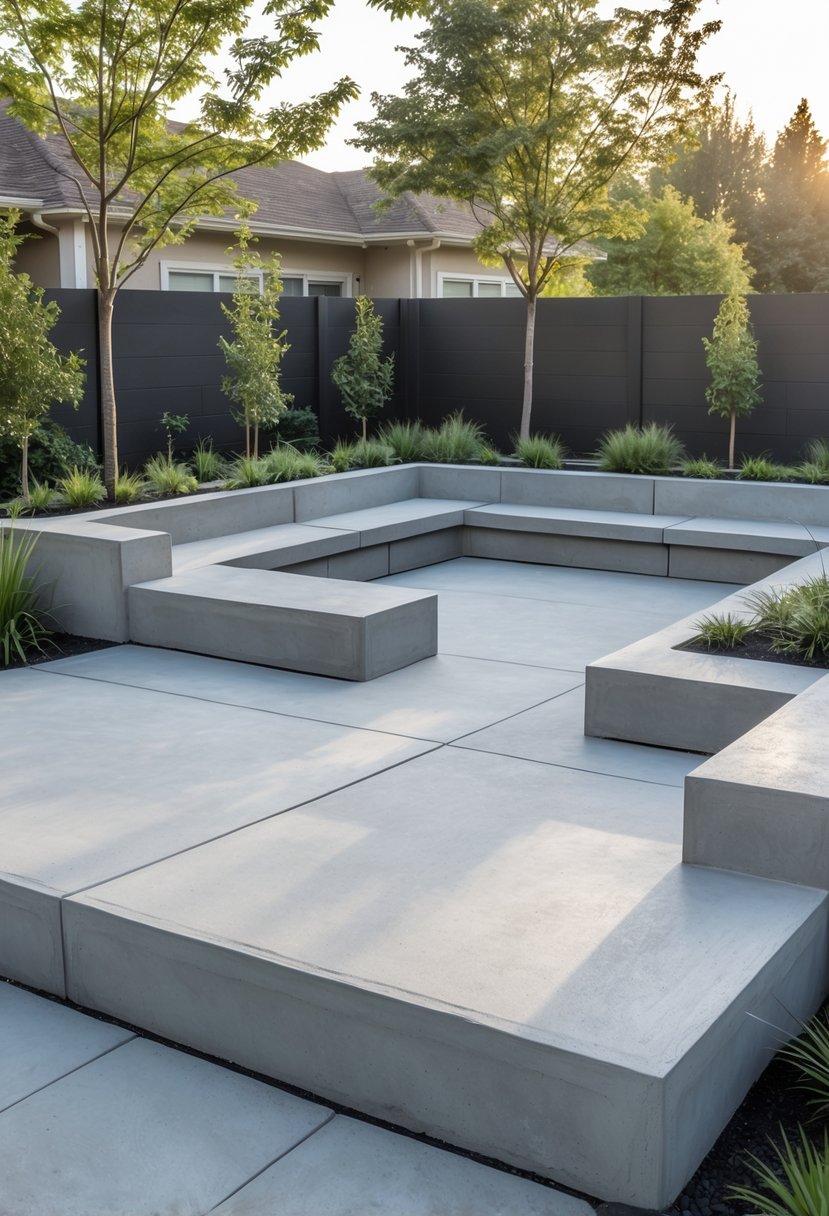 Outdoor concrete patio with built-in seating walls surrounded by plants and trees.