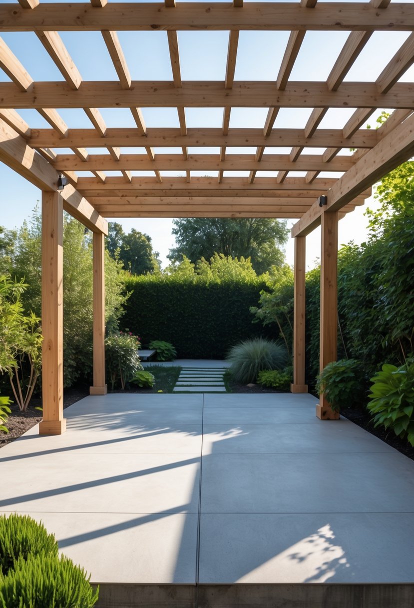 Concrete patio with a wooden pergola overhead surrounded by green plants.