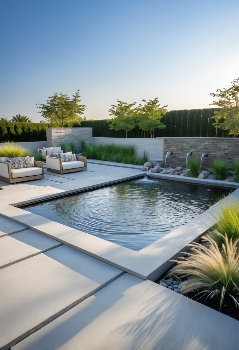 Outdoor concrete patio with a rectangular water feature, surrounded by plants and outdoor seating.