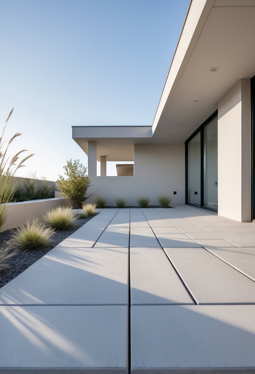 A clean, spacious concrete patio with geometric slabs and surrounding greenery under a clear sky.