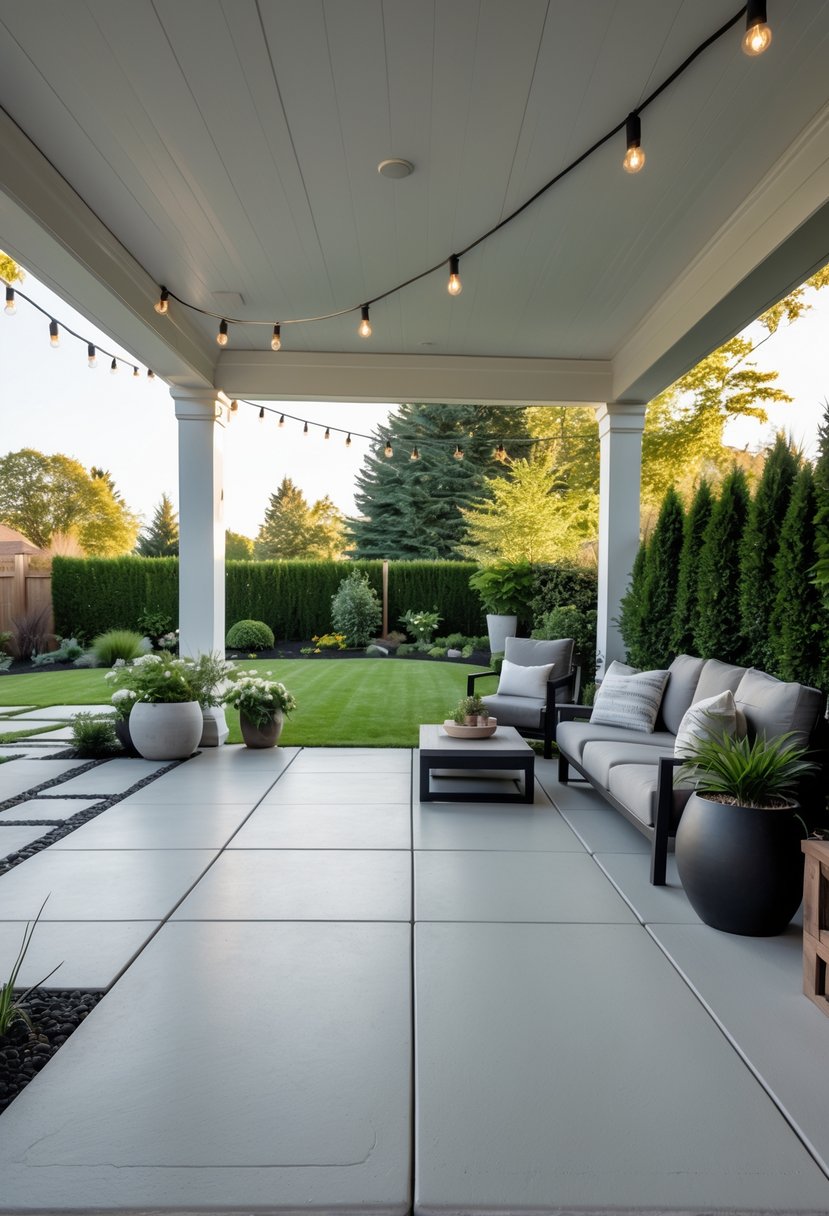 A concrete patio with outdoor seating, potted plants, and a pergola overlooking a garden.