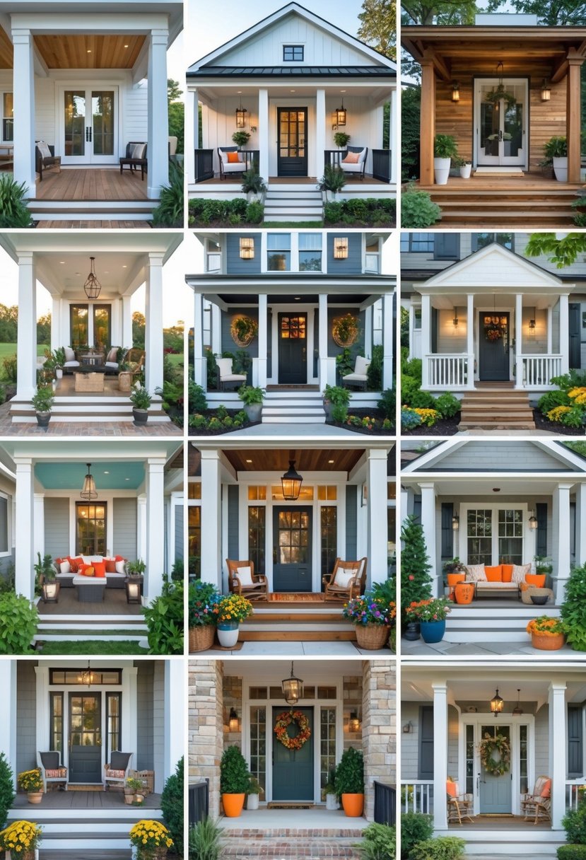 A collection of 15 different front porches featuring various architectural styles and outdoor decorations.