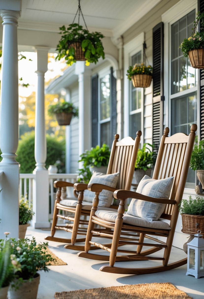A front porch with wooden rocking chairs, potted plants, and sunlight creating a welcoming outdoor seating area.