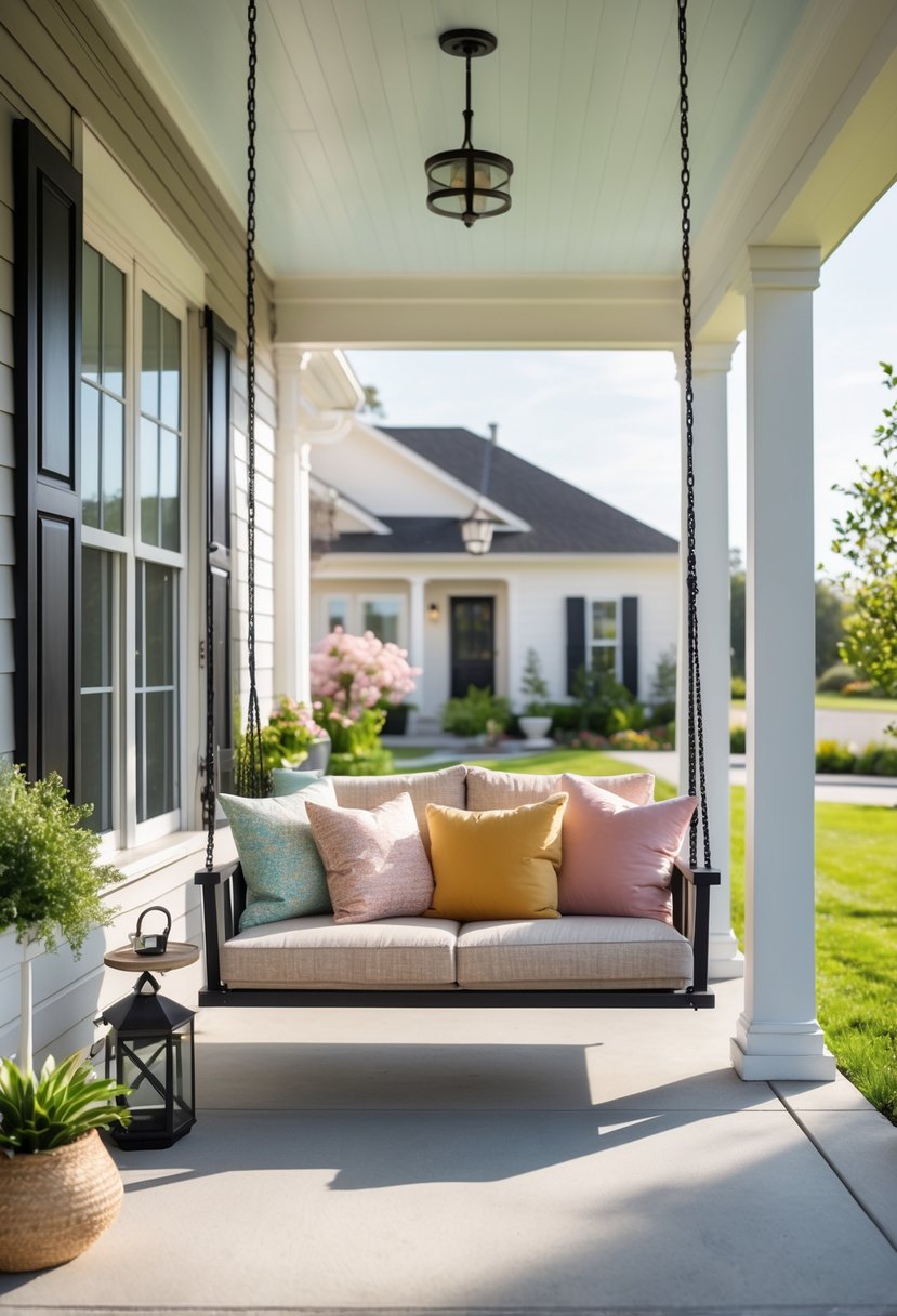 A front porch with a modern porch swing decorated with cushions, surrounded by plants and outdoor decor.