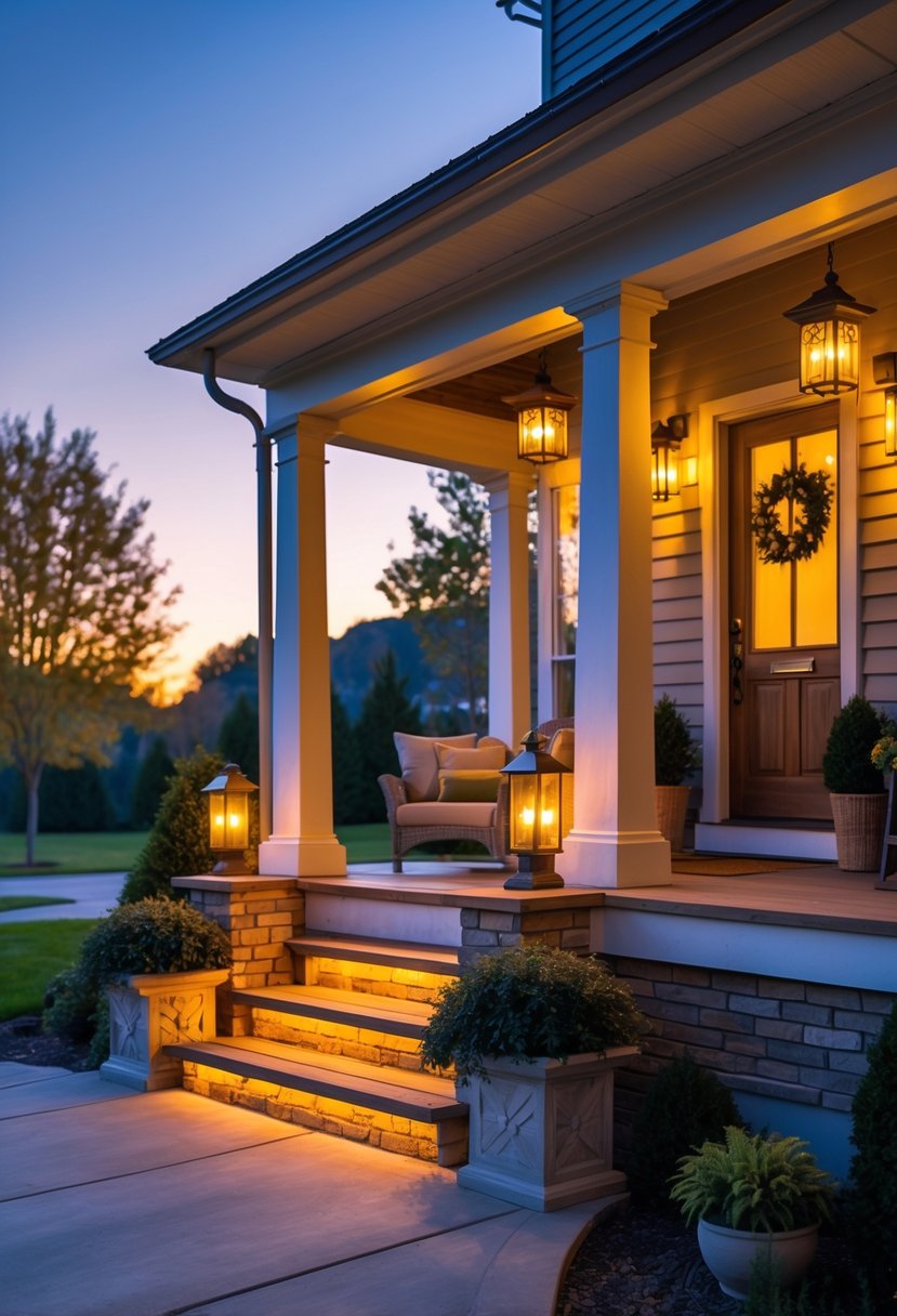 A front porch lit by multiple glowing lantern-style lights, showing steps, a wooden door, plants, and outdoor furniture in the evening.