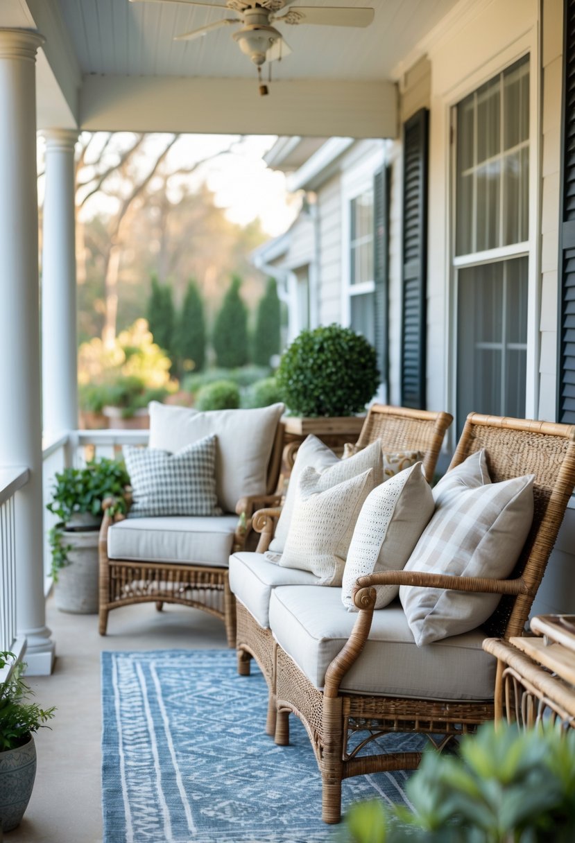 A cozy front porch seating area with plush pillows on chairs and a small sofa surrounded by plants.