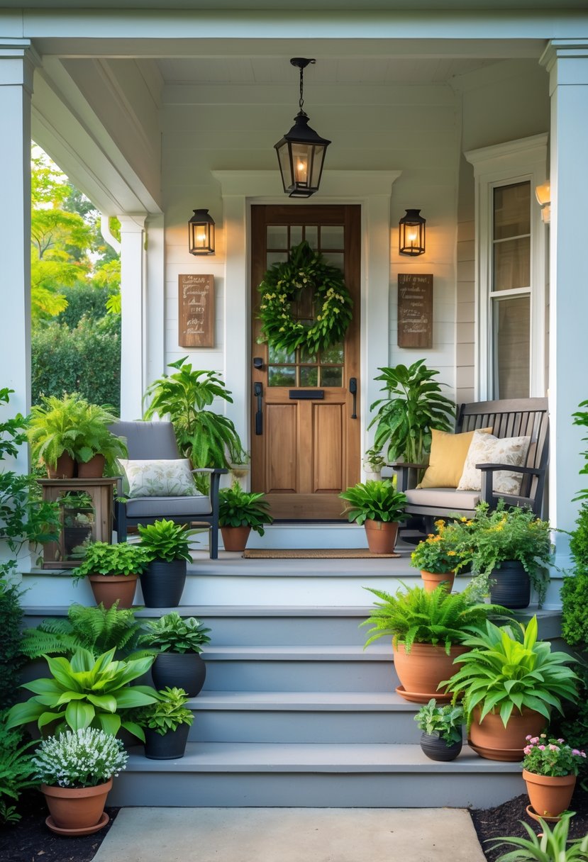 A front porch decorated with various potted plants and greenery, featuring seating and a wooden door.