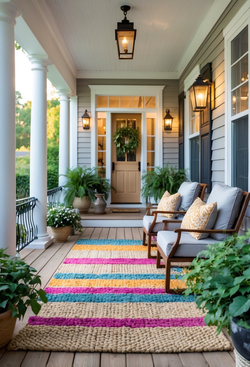 Front porch with woven rugs defining a seating area with chairs, a small table, and plants around.