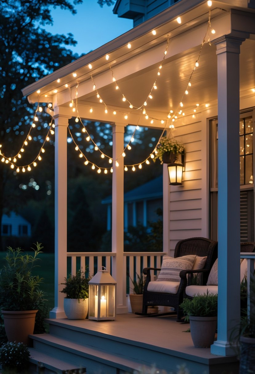 A front porch at dusk with string lights hanging and glowing softly, surrounded by seating and plants.