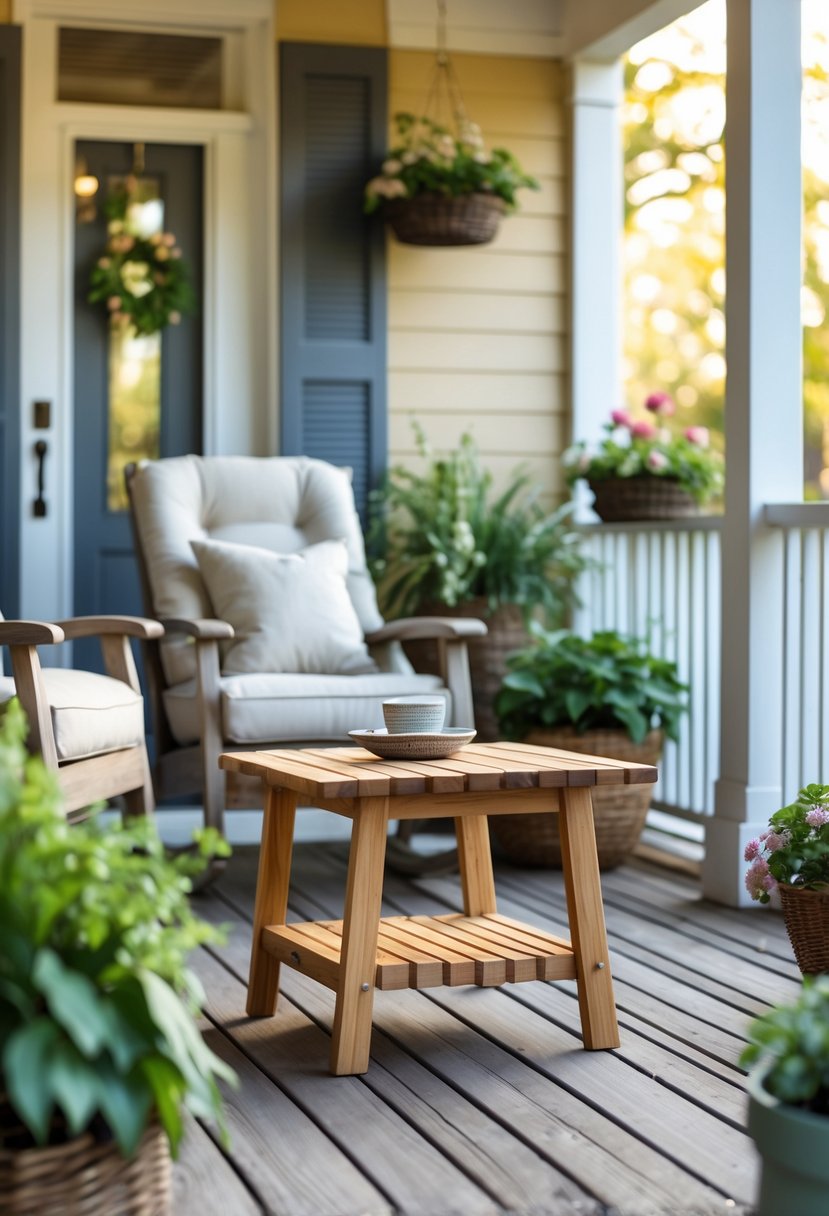 Small outdoor coffee table on a front porch with chairs, plants, and a house entrance in the background.