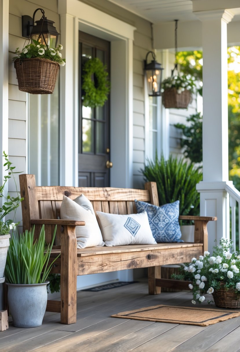 A front porch with a reclaimed wood bench surrounded by plants and decorative accents.