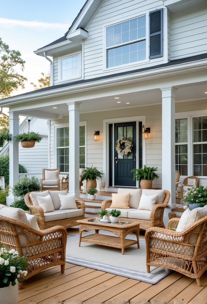 A front porch with various weather-resistant wicker chairs and tables arranged with plants and cushions, creating a cozy outdoor seating area.