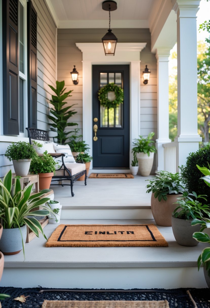 A front porch with a doormat, potted plants, and a seating area at the entrance of a house.