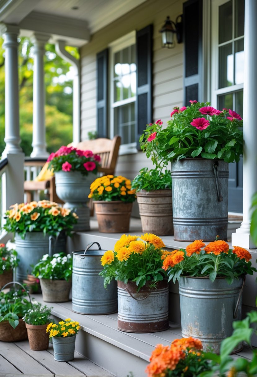 A front porch decorated with various vintage metal planters filled with colorful flowers arranged along the steps and railing.