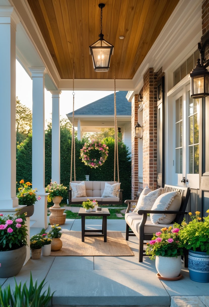 A welcoming front porch with seating, plants, outdoor lighting, and a front door surrounded by greenery.