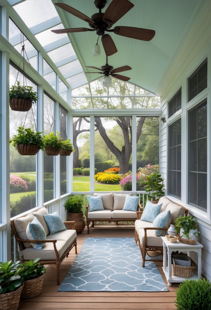 11 Screened In Porch Decorating Ideas for Every Season 2 A screened-in porch with comfortable seating, plants, and a view of a garden.