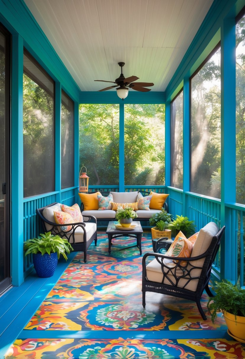 11 Screened In Porch Decorating Ideas for Every Season 4 A screened-in porch with colorful painted floors, comfortable seating, plants, and natural light filtering through the screens.